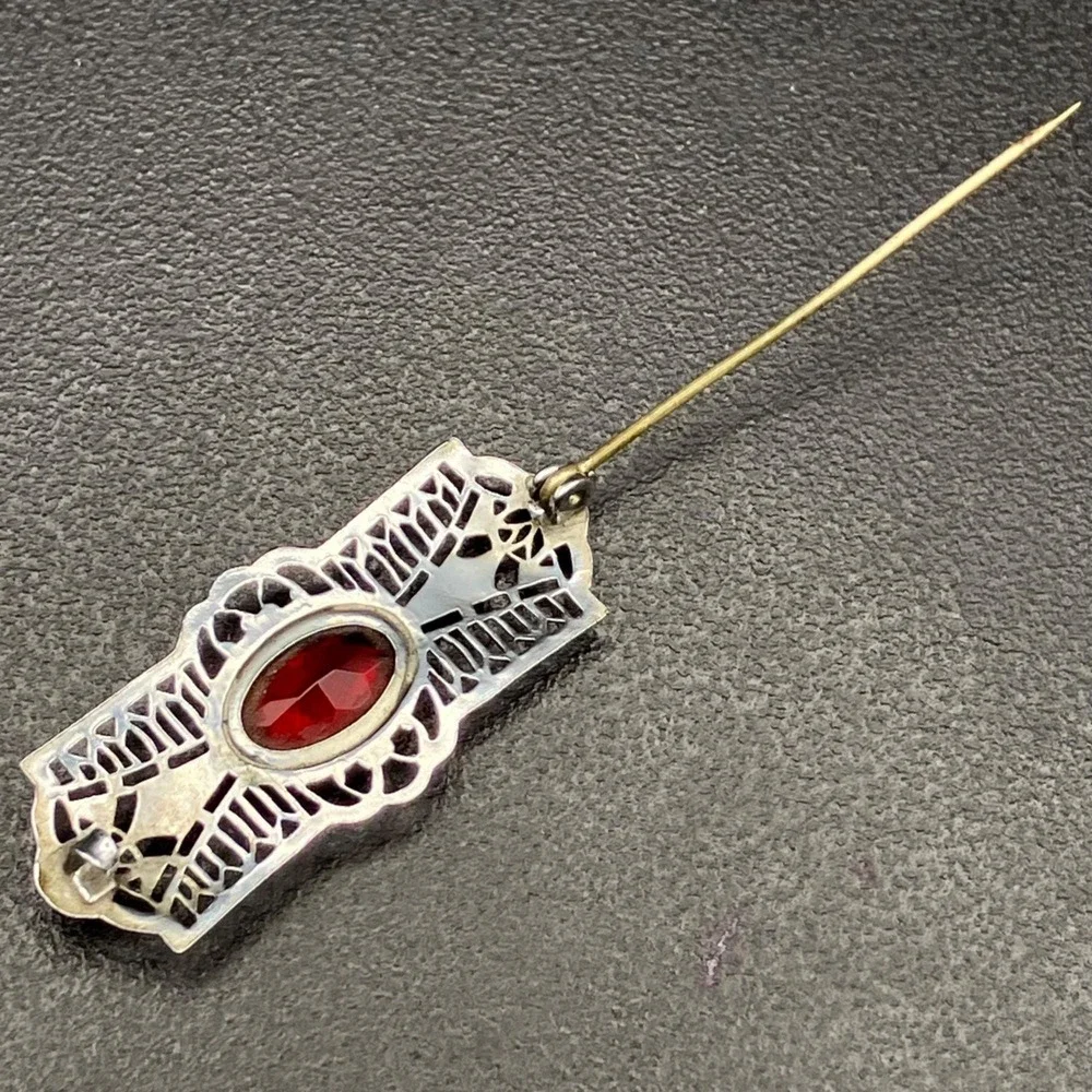 Antique Art Deco Silver Tone Filigree Brooch Red Faceted Glass C Clasp